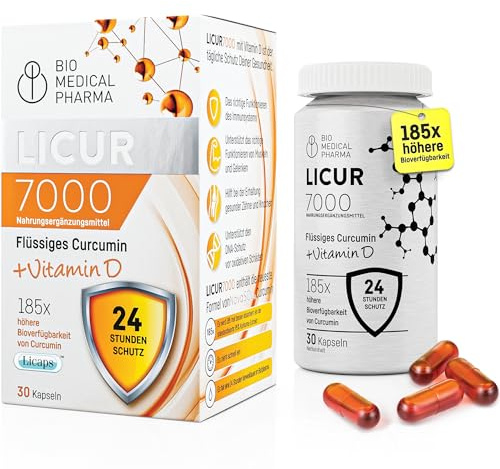 Kurkuma Kapseln Hochdosiert – 185x Höhere Bioverfügbarkeit – Mizellares Curcumin NovaSOL – Nur 1 Kapsel Täglich Ohne Piperin – Flüssig mit Vitamin D3 – Licur 7000 (30 Kapseln, Monatsvorrat)