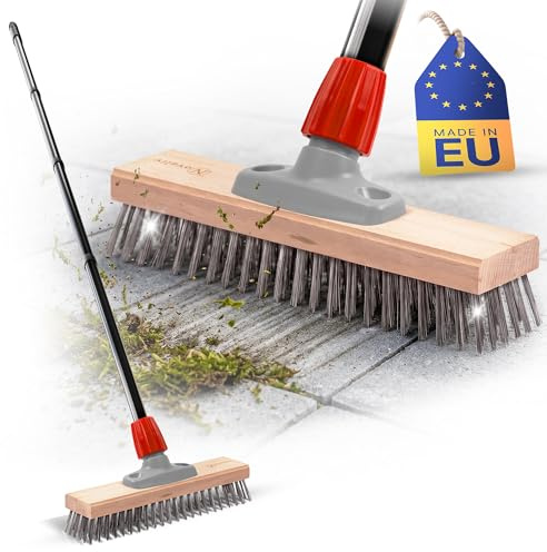 Novaliv Robuster Drahtbesen mit Stiel Basic Stahlbesen mit 4tlg Stiel Effiziente Moosentfernung Drahtbürste für Pflastersteine & Garten Stahldrahtbesen Mooskratzer Pizzabesen Pizzastein Bürste