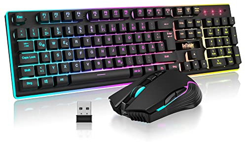 RedThunder K10 Kabelloses Gaming Tastatur und Maus Set, QWERTZ DE Layout, 3000mA Batteriekapazität und 3200 DPI für Gamer (Schwarz)