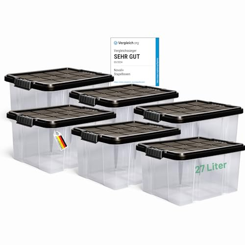 Novaliv 6x Aufbewahrungsboxen mit Deckel 27L Anthrazit Nestbar stapelbare Storage boxes mit Clipverschluss Kunststoffbox BPA-frei 46,5x36,5x24 cm