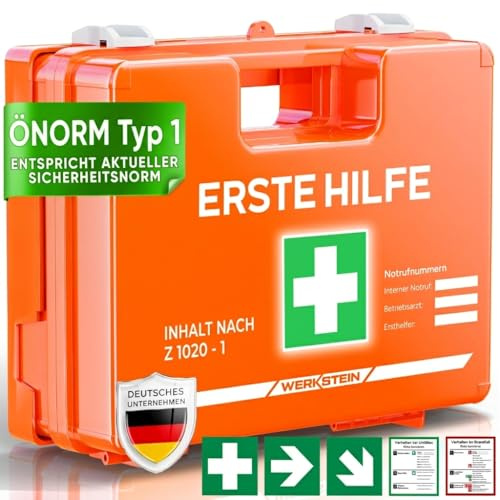 WERKSTEIN® Erste Hilfe Verbandskasten inkl. Wandhalterung [ÖNORM Z1020 TYP 1] - Erste Hilfe Kasten für Betriebe, Zuhause & Einrichtungen - Erste Hilfe Koffer - First Aid Emergency Bag - Sanikasten