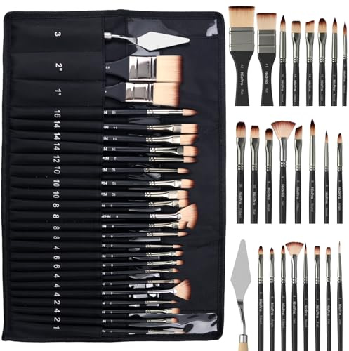 Nicpro 26 Stück Pinselset, Pinsel für Acrylmalerei, Künstlerbedarf für Aquarell und Gouache für Erwachsene, Malzubehör mit Stoffrolle und Spachtel, Geschenkverpackung, Schwarz