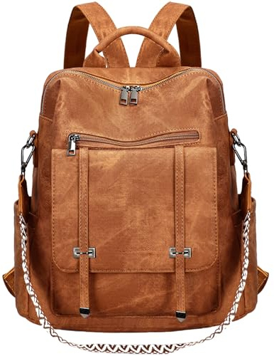 Leathario Rucksakck Damen Wasserdicht,Veganes Leder Cityrucksack,Rucksackhandtasche Mittelgroß, Diebstahlsich Tagesrucksack für Büro,Pendeln,Arbeit,Leicht Elegant Backpack Women Groß für Reise,Braun