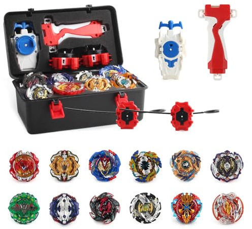 WDKXCN Bay Burst Turbo Set, 12 Stück Bay Kampfkreisel mit Kasten Metal Fusion und Launcher Griff, B-ay-Starter Set, Ba-y Arena Burst Turbo S-et