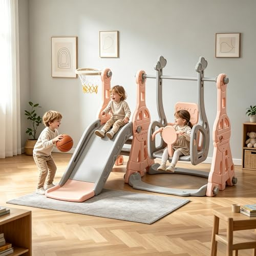 4-In-1 Kinderrutsche, Rutsche Outdoor & Indoor Kinder Spielplatz mit Treppe Schaukel, Rutsche und Basketballständer für Kinder von 1-6 Jahren, Sicher und Stabil (Rosa, 140x118x102cm)