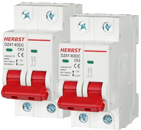 Herbst 2 Stück Pv Sicherungsautomat, DC 1000V 63A 2 Polig DZ47-C63 DC | Trennschalter Pv Anlage, Solar Leitungsschutzschalter Schutzluftschalter Schutzschalter für Photovoltaik-Systeme