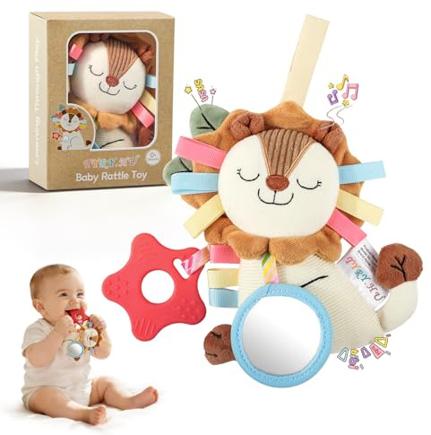 TYRY.HU Baby Greifling mit Riemen,Löwe Kinderwagen Spielzeug,Weiches Plüsch Kinderwagen und Bettchen Hängespielzeug mit Stern Beißring,Quietsche,Knister & Spielspiegel für Jungen Mädchen 0-12 Monate