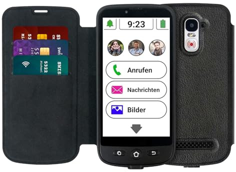 swissvoice - Smartphone S510-M + Magnetisches Ladekabel + Schutzhülle mit Kartenfach - Einfach zu bedienen - SOS-Taste - Senior Smartphone 4G - Schwarz