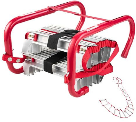 VEVOR Feuerleiter, 4 m, einziehbare Rettungsleiter max. 453,6 kg, leichte Notleiter aus Aluminiumlegierung mit hochfestem Polyestergurt, rutschfesten Sprossen & Breiten Stufen, 2-stöckig