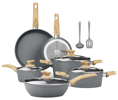 Kitchen Academy Induktion Töpfe Set - 12-teilige Grau Granit Kochtöpfe Set,Antihaft Topfset und Pfannen Set,PFOA & PFOS-freie