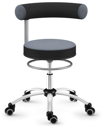 SANUS®-Gesundheitsstuhl | Rollhocker mit 360° Lehne, Fester Lehne, Sitzhöhe (42-51 cm), Stoffbezug grau/schwarz, Rollstopp-Rollen. Ergonomischer Bürostuhl, Erzieherstuhl