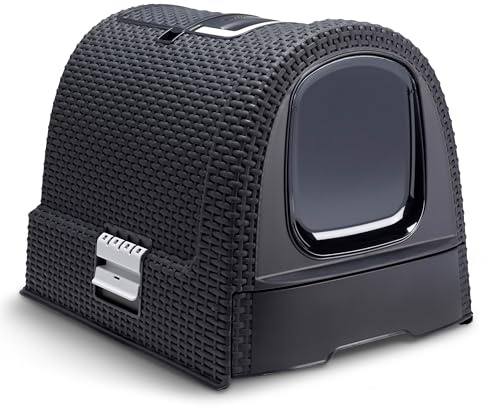 Curver petlife Katzentoilette mit Deckel, Katzenklo inklusive Schaufel, moderne Rattangeflecht-Optik, anthrazit, 51,5 x 38,5 x 40 cm
