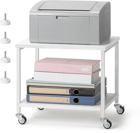 smusei Druckerständer Weiß, 2-Stufige Druckertisch mit Rollen, Platzsparend Holz Schreibtisch Regal für Büro Zuhause Office Schule, 42 x 30 x 35 cm