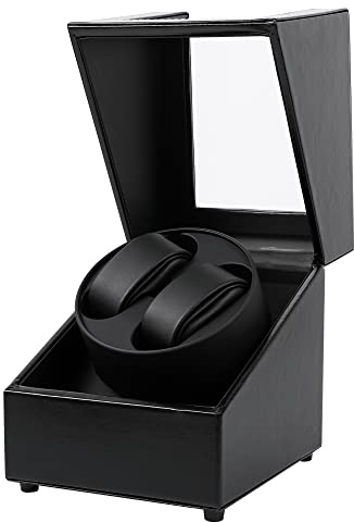 Kalawen Uhrenbeweger 2 Uhren Automatik Uhrenbeweger Box für Automatikuhren USB-Ladekabel Watch Winder PU Leder Uhrengehäuse mit leisem Motor Schwarz