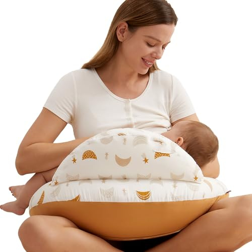 Momcozy Stillkissen mit Sicherheitsumrandung – Ergonomisches Still- und Lagerungskissen mit verstellbarem Gurt & abnehmbarem Baumwollbezug,Meteoritenschauer
