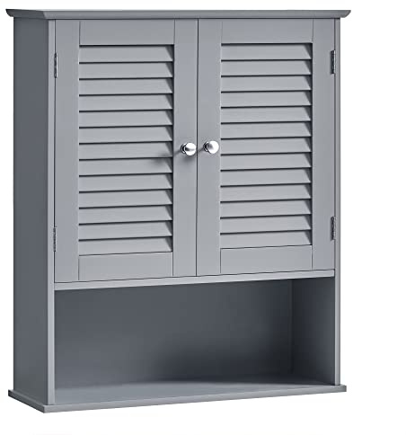 VASAGLE Badezimmerschrank, Wandschrank mit Lamellentüren, 20 x 60 x 70 cm | Medizinschrank mit verstellbarem Einlegeboden und offenem Fach, taubengrau und wolkenweiß, Saggio Kollektion BBC027P36