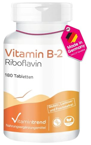 Vitamintrend Vitamin B2 Riboflavin 100mg, 180 Tabletten, hochdosiert, Nahrungsergänzungsmittel vegan ohne Magnesiumstearat, in Deutschland hergestellt
