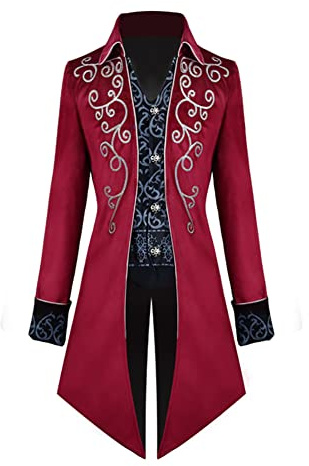 OBEEII Gothic Steampunk Frack Jacke, Herren Vintage Mittellanger Renaissance Viktorianischer Gehrock Smoking Halloween Karneval Kostüme Rot M