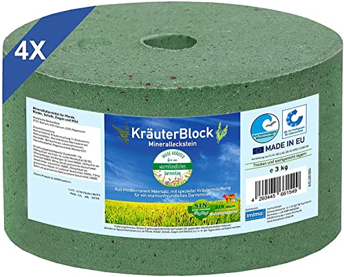 imima Mineralleckstein Pferd KRÄUTERBLOCK Salzleckstein Set mit 4 x 3kg - Salzlecksteine für Pferde, Schafe, Ziegen, Wild und Rind - Salz Leckstein MineralsteinK Salzleckstein Set mit 4 x 3kg
