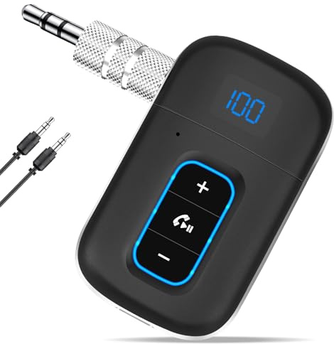 Vemfay Aux Bluetooth Adapter Auto,Bluetooth 5.3 Jack Adapter Freisprechanruf, Dualer Kopplung, Audio-Empfänger für Auto/Heim-Stereo/Kabelkopfhörer/Lautsprecher, 16 Stunden Akkulaufzeit
