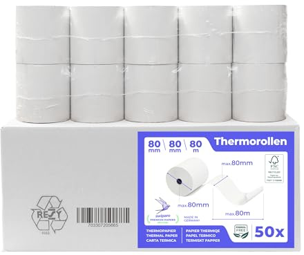 SWIPARO® Thermorollen 80mm x 80mm x 12mm [Universell für gängige Kassensysteme] - Kassenrollen 80x80x12 Thermo - Bonrollen Thermopapier - Geeignet für Drucksysteme mit Papierbedarf bis 80m (50 Stk)