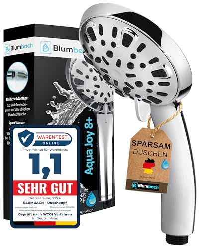 BLUMBACH® Duschkopf wassersparend Aqua Joy - Duschbrause mit 8 Strahlarten | Premium Hochdruck Duschkopf, wassersparende Handbrause Dusche, Brausekopf Dusche mit hohem Druck, Sparduschkopf