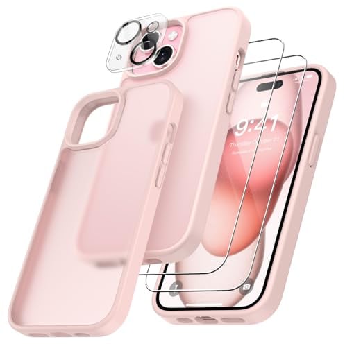 FLLAO 4 in 1 Handyhülle für iPhone 15 Hülle mit 2 Schutzfolie und 1 KameraSchutz, [Integriertes Luftkissen] Stoßfest Kratzfest Weich TPU Schutzhülle für iPhone 15, Rosa