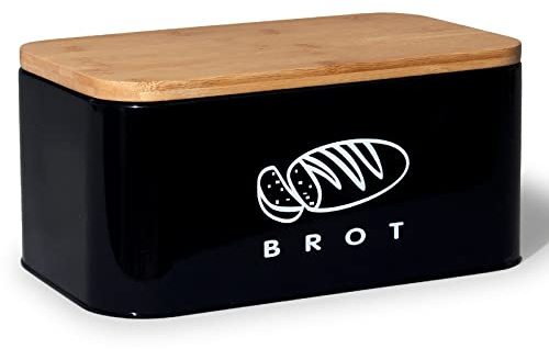 Theo&Cleo Brotkästen mit Deckel aus Ökologisches Bambus, Kann als Schneidebrett, Geräumiger Retro aus Metall, Brot Lange Aufbewahren und Frisch Halten 30cm * 18cm * 14cm Schwarz