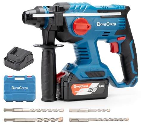 DongCheng Akku Bohrhammer 20V, Schlagenergie 2.1 J, mit 4 Stück SDS-plus, Bohren bis 28 mm, Bürstenloser Bohrhammer Motor, Anti-Vibrationsgriff, inkl. 4Ah Akku und 2A Ladegerät im Handwerkerkoffer