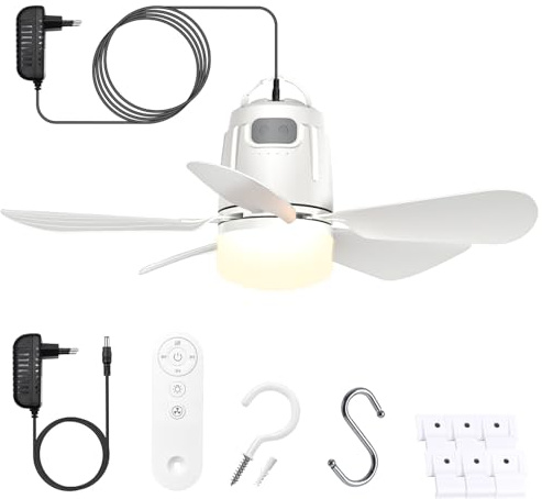 Gliztech Ventilator Lampe 50cm Deckenventilator mit Beleuchtung mit 5m Netzstecker und Fernbedienung Lüfterleuchte, Geeignet für Schlafzimmer, Terrasse, Sonnenschirm, Werkzeugraum, Pavillon, Vordach