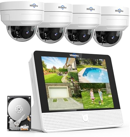 【4K Auflösung+360°PTZ】 Hiseeu 8MP Überwachungskamera Set Aussen,4X 8MP 360° Überwachung Kamera Aussen mit Bewegungsmelder,Farbe Nachtsicht,2-Wege-Audio,IP66 Wasserdicht,3TB Festplatte Inklusive