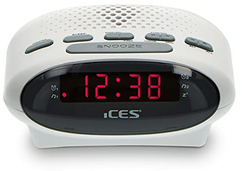 iCES ICR-210 Uhrenradio - Radiowecker mit Stromkabel - 2 Weckzeiten - PLL FM - Schlummerfunktion - Sleeptimer - Gangreserve - kompakt - weiß