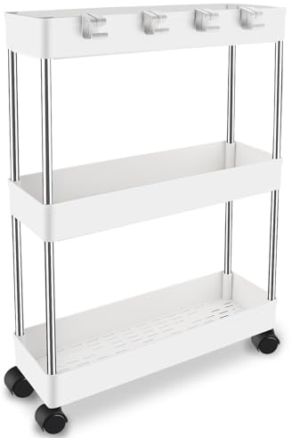 Zosenyer Rollwagen, 3 Ebenen Regal Küchenrollwagen, Bastelwagen auf Rollen für Küche, Büro, Bad, Kosmetikwagen, Badregal Schmal 13 cm, mit 6 Haken Kleiner Nischenwagen (Weiß)