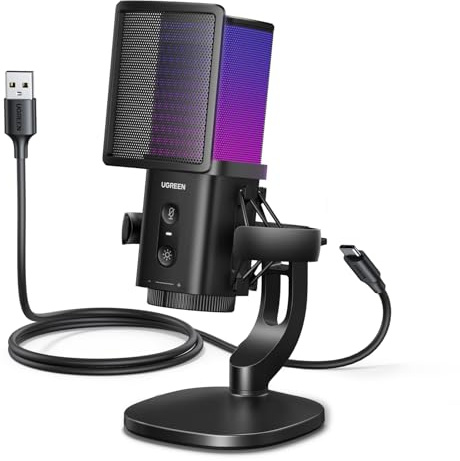 UGREEN Gaming Mikrofon mit RGB 96kHz/24bit USB Mikrofon für PC DSP-Rauschunterdrückung Verstärkungsregler Plug und Play Kondensatormikrofon für Laptop Streaming, Gaming, Podcasting, Aufnahme