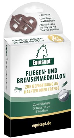 Equisept Fliegen- & Bremsen-Medaillon 2er Pack - Innovative Lösung zur Insektenabwehr am Pferd - Einfaches Anbringen an Halfter oder Trense - Bis zu 4 Wochen repellierende Wirkung - Dopingfrei
