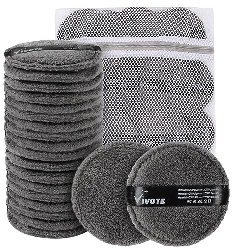 VIVOTE Microfibre Washable Pads 20 Stück Wiederverwendbare Abschminkpads aus Mikrofaser, Weicher Nachhaltig Makeup Entferner Pads für die Gesichtsreinigung und Hautpflege, mit Wäschesack (grau)