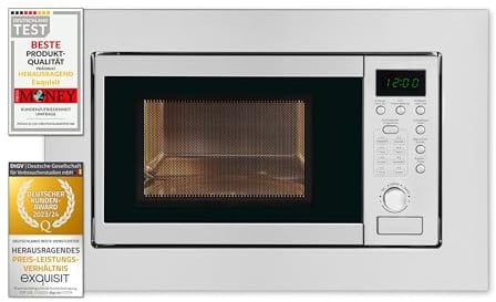 Exquisit EMW 20.1G Einbau-Mikrowelle | 20 L Garraum | 800 W | Inoxlook | 1000 W Grilleistung | 5 Leistungsstufen | Timer | Drehteller: 24,5cm Ø | 8 Autokochprogramme | Innenbeleuchtung