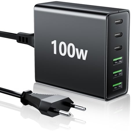 HSSNS USB C Ladegerät Mehrfach: 100W 6-Port Schnellladegerät mit USB-C und USB-A, Tragbarer netzteil für ipad, iPhone Series und andere Smartphones