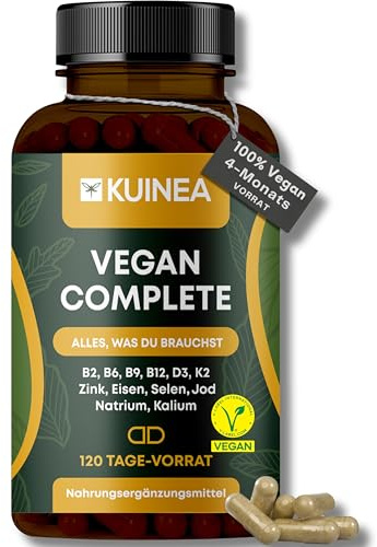 KUINEA® Vitamin B12 Vegan - Multivitamin mit ausgewählten B-Vitaminen B2, B6, B9 Folsäure - Mit D3, K2, Eisen, Zink, Jod, Selen & Kalium - 120 Kapseln für 4 Monate Nahrungsergänzungsmittel für Veganer