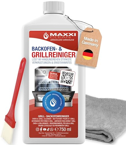 MAXXI CLEAN| Backofen,- und Grillreiniger Kombiset | 1x 750 ml Gel, 1x Pinsel und 1x Microfasertuch | selbstarbeitender Reiniger und Fettlöser | für Herdplatte & Grill | löst Verkrustungen