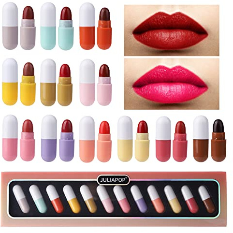 Homeit Lippenstift-Set für Mädchen, wasserdicht, tragbar, 12 Stück, niedlicher Mini-Lippenstift in Kapselform, mattes Finish