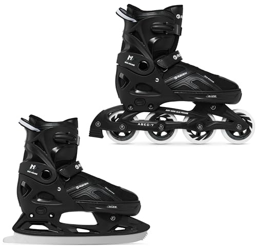 RAVEN Pulse Inline Skates Inliner für Kinder und Erwachsene OPTIONAL 2in1 mit Schlittschuhen verstellbar (Black mit Kufen, 43-46 (28-30,5cm))