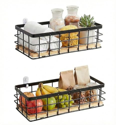 Drahtkorb, Obstkorb, Metallkorb, Metall Badezimmer Aufbewahrungskorb, Schwarz Dekokörbe, Haushalt Wandkorb, Korb Metall für Obst Snacks,Küche Speisekammer, 29x13x10cm(2 Stück)
