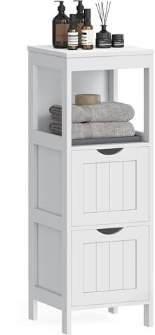 VASAGLE Unterschrank Badezimmer, 2 Schubladen, 3 offene Fächer | Badschrank stehend, Nischenschrank, 30 x 30 x 89 cm, für Bad, Wohnzimmer, Küche, Wolkenweiß, SOFIE Kollektion BBC42WT
