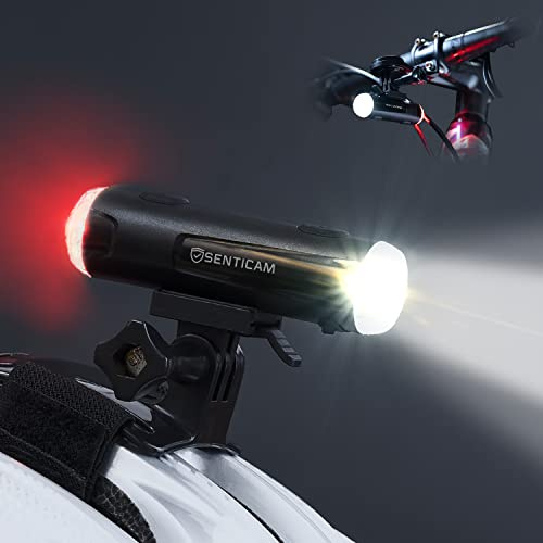 SENTICAM Senticam Fahrradhelmlampe, wiederaufladbar über USB, doppelt, vorne und hinten, tragbare Taschenlampe, wasserdicht IP66, mit bis zu 86 Stunden Laufzeit