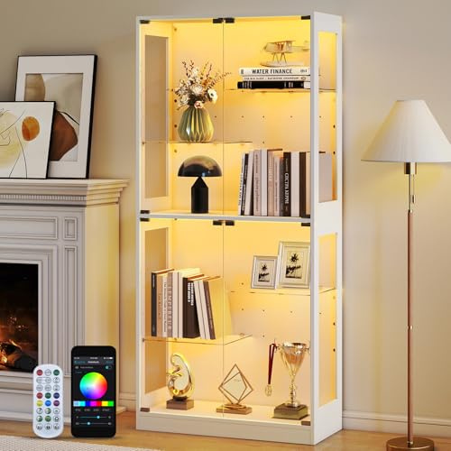 Lamtor Glasvitrinen Stehend mit LED Beleuchtung – 175 cm Glas Vitrinenschrank Wohnzimmer, Vitrine mit Verstellbares Regal, APP & Remote Control 6000+RGB (Weiß)
