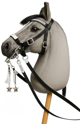 Hobby Horse Trense Kandare,inkl. Kandarengebiss,Wassertrense und zwei Zügel, ohne Pferd, nur Trense schwarz mit weiß unterlegt, hobbyhorsing,Zubehör für Steckenpferd,Spielpferd, Schaukelpferd