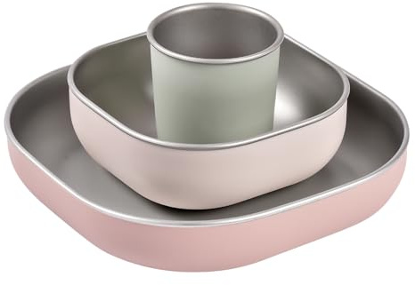 BÉABA Baby-Essensset Edelstahl 3-teilig – Glas + 2 Teller mit Silikonhülle, Mikrowellen- & Spülmaschinengeeignet, Leicht, Bruchsicher & Rutschfest – Farbe Barbapapa