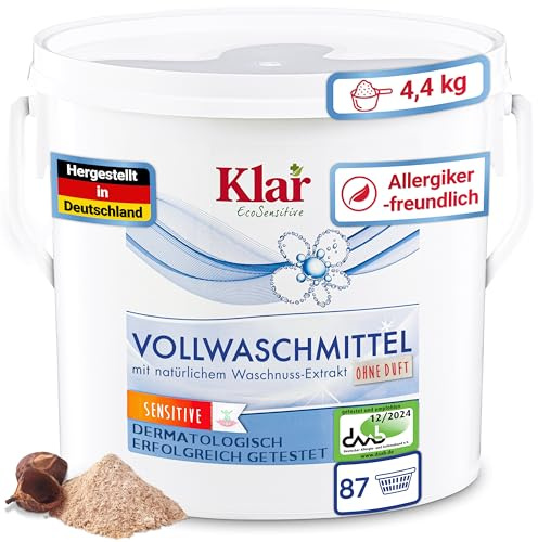 Klar Vollwaschmittel Pulver Sensitive 4,4kg - 80 Ladungen - Allergiker Waschpulver ohne Duft - Bio Waschmittel Pulver mit natürlichem Waschnuss Extrakt - VEGAN & Enzymfrei