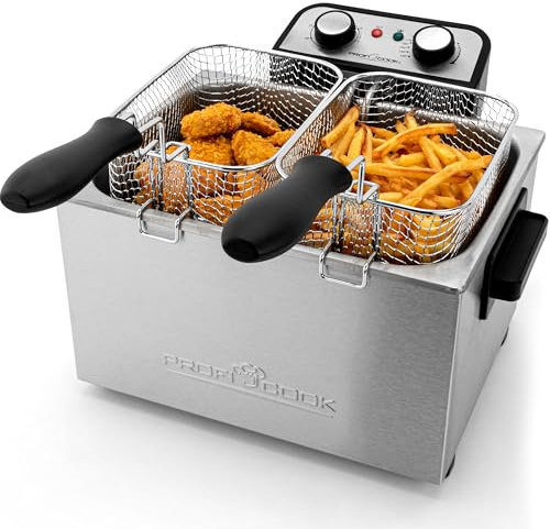 ProfiCook Doppel-Fritteuse | Fritteuse mit 2 kleinen & 1 großen Korb | Doppelfritteuse mit Kaltzonentechnik | Fryer mit 5L Kapazität und entnehmbaren Edelstahlbehälter | PC-FR 1038